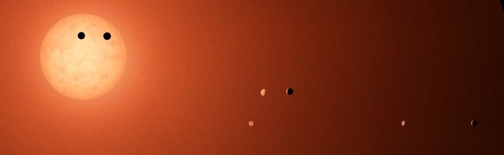 Hubble’i kunstniku nägemus: illustratsioon kahest Maa sarnasest planeedist tiirlemas ümber kääbustähe TRAPPIST 1. (Foto: NASA/JPL)